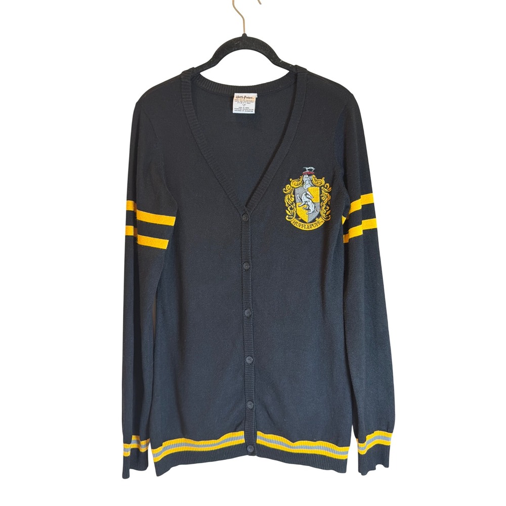 Harry Potter Hufflepuff Cardigan Sweater Women Medium Black Yellow Crest Cosplay
